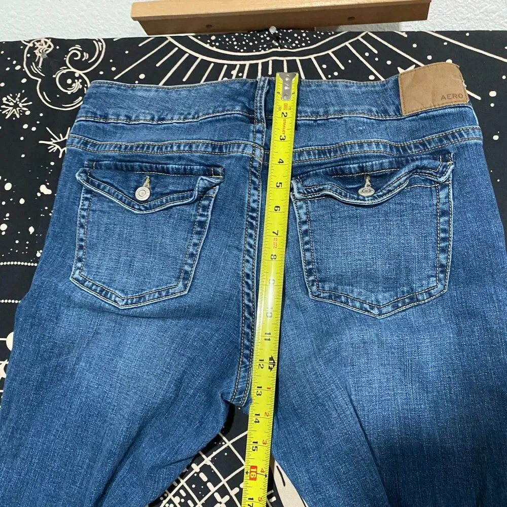 Aeropostale Flared Jeans Womens 14 Blue Cotton Denim Faded Whiskered Stretch